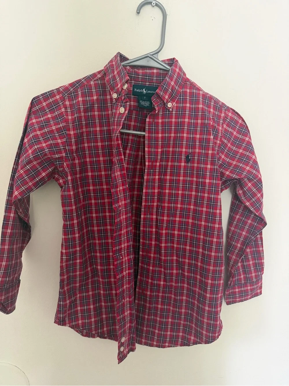 Ralph Lauren Red Plaid Button-Down Shirt with Navy Pony Embroidery